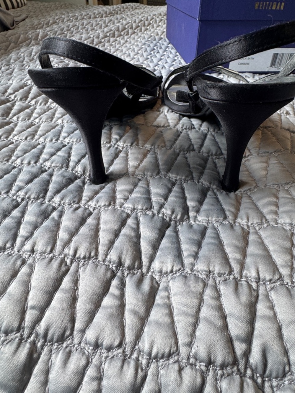Stuart Weitzman Black Satin Crystal-Trim Slingback Heels Size 8 - Picture 3 of 10